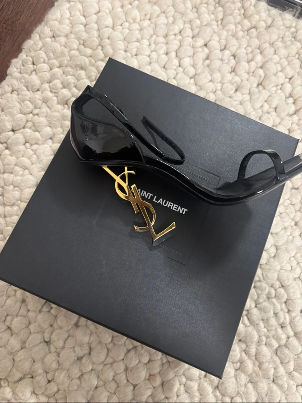Saint Laurent Black Patent Sandals with Gold YSL Monogram Heel - Picture 1 of 4